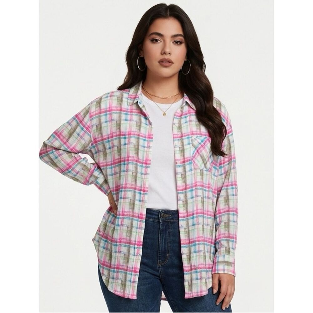 FREE PEOPLE | WE THE FREE Watercolor Plaid Button Down Shirt Women’s Size Small